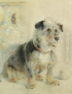 Study Of A Terrier, Sitting Before A Cantonese Famille Rosevase by William Huggins