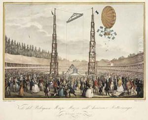 Flight of the Bolognese Muzio Muzzi 1809-46 in the Airship Retirremiga 1838 by Meloni, G.