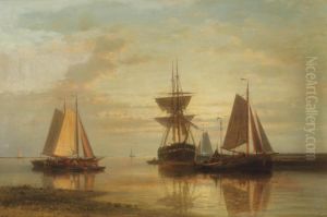 Moored Fishing Boats And A Clipper At Sunset