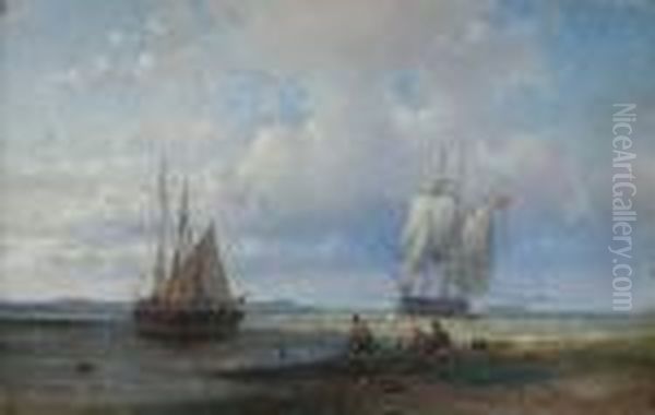 Fishermen Mending Their Nets On
The Beach, Atrading Brig Standing Out To Sea And A Steamer Beyond - view 1