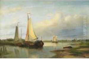 Figures Boarding Boats On A Dutch Coast by Abraham Hulk Jun.