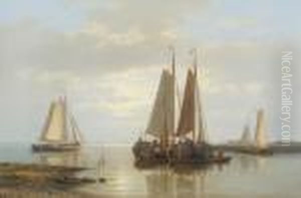 Dutch Fishing Boats And Figures In A Calm Off A Coastline - view 1