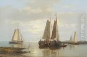 Dutch Fishing Boats And Figures In A Calm Off A Coastline by Abraham Hulk Jun.