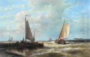 A Dutch Barge Heading Out Of Harbour On Thetide by Abraham Hulk Jun.