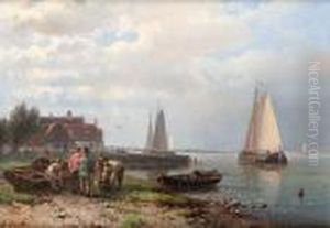 Coastal Scene With Fishing Boats And Fishermenon The Shore