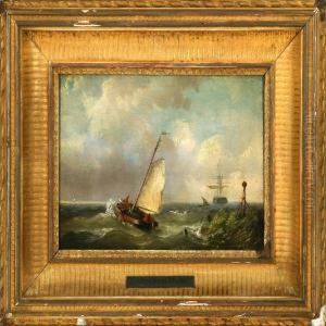 Marine With A Yacht And A Barque Passing A Coast In Heavy Sea by Abraham Hulk Jun.