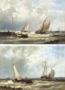 Dutch Fishing Boats In A Harbour Entrance by Abraham Hulk Jun.