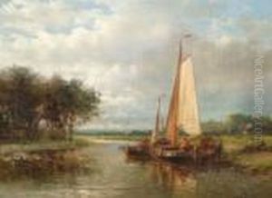 Figures On A Barge, In A A Tranquil River Scene by Abraham Hulk Jun.