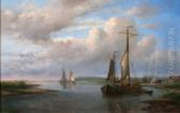 Rivierlandschap Met Platbodems Voor Anker - view 1