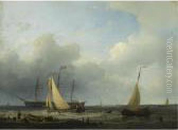Fishing Boats And A Frigate On Choppy Waters - view 1