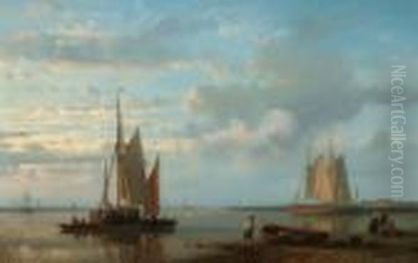 Figures By A Tranquil Shore With Moored Barges And Tall Ships In The Distance - view 1