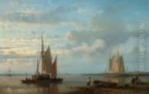 Figures By A Tranquil Shore With Moored Barges And Tall Ships In The Distance