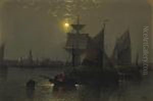 Sailing Vessels In A Moonlit Harbor With Fishermen And Their Boats In The Foreground by Abraham Hulk Jun.