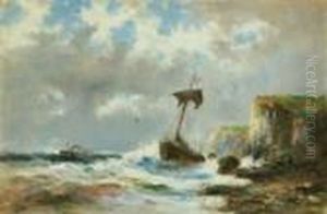 Sturm An Der Kuste Mit Gestrandetem Segelschiff