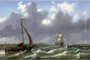 Dutch Ships Sailing In Rough Waters by Abraham Hulk Jun.