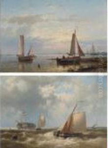 A Pair Of Seascapes: Setting Sail In Calm Waters; Boats Out At Sea by Abraham Hulk Jun.