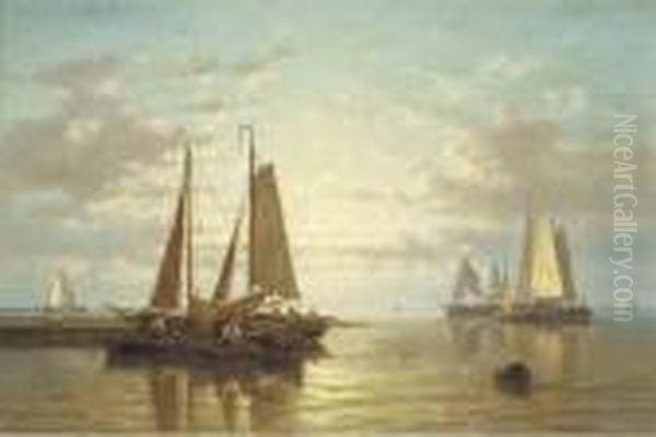 A Calm: Sailing Vessels In An Estuary At Dusk - view 1