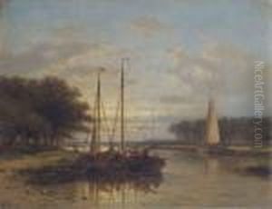 Sailing Vessels On A Calm River At Dusk