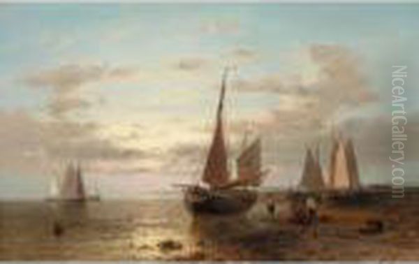Fisherman And Their Boats At Evening, Other Boats Offshore - view 1
