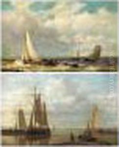 Sail Boats Off The Shore In High Winds; Harbour Scene, Evening