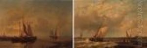 Ships In A Calm At Sunset; A Sailing Vessel On A River Estuary