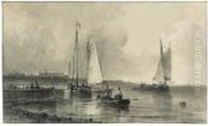 Shipping By A Harbour, Figures Seated On A Jetty Nearby