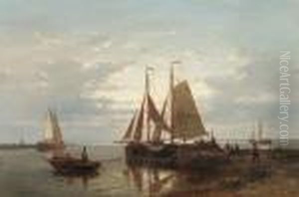 Moored Fishing Boats In A Calm With Fishing-folk On A Jetty - view 1