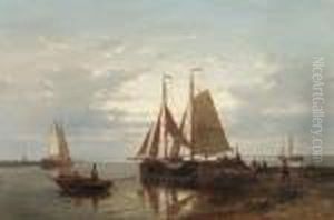 Moored Fishing Boats In A Calm With Fishing-folk On A Jetty
