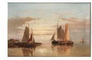 An Estuary At Dawn With Sailingvessels At Anchor by Abraham Hulk Jun.
