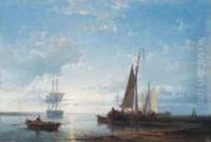 Fishing Vessels In A Calm Estuary At Dusk by Abraham Hulk Jun.