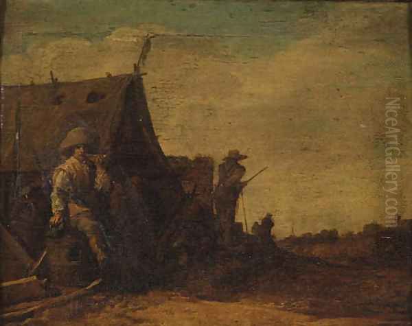 A Soldier smoking a Pipe outside a Tent, a Village beyond - view 1