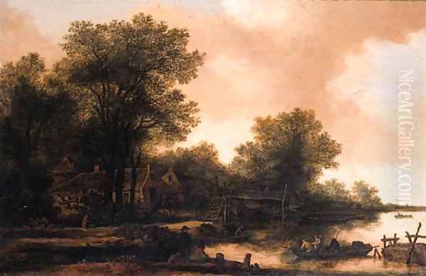 A hamlet in a wood by a river with fishermen in a rowing boat by a footbridge - view 1