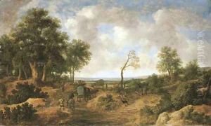 A wooded landscape with travellers in wagons on a road by Pieter Molijn