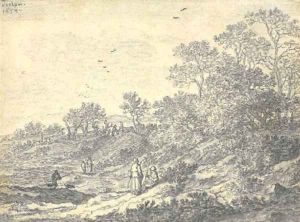 Travelers on a road along a stream, a village beyond by Pieter Molijn