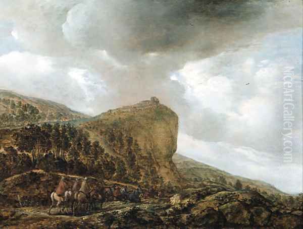 Travellers on a path by a cliff in a landscape - view 1