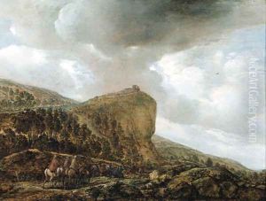 Travellers on a path by a cliff in a landscape