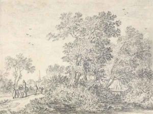 Trees on a rise with travelers on a road by Pieter Molijn