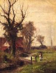 A Peaceful Stretch Of The River;
And A Mother And Child Before Abridge In A River Landscape by Abraham Hulk Jun.