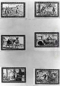 Six vignettes depicting bread making