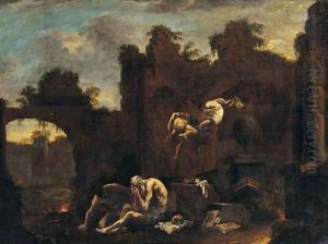 A capriccio of ruins with Saint Antohny tormented by demons by Alessandro Magnasco
