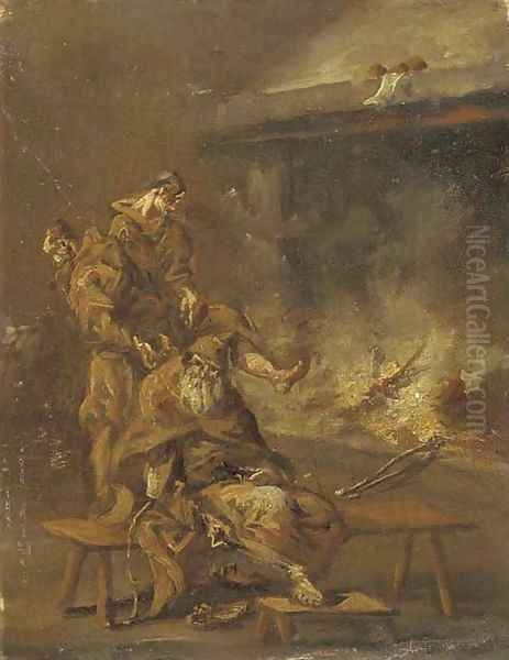 Capuchin friars by a fire - view 1