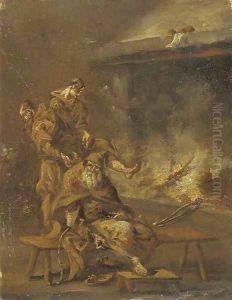 Capuchin friars by a fire
