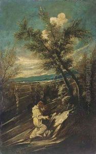A hermit monk praying in a landscape
