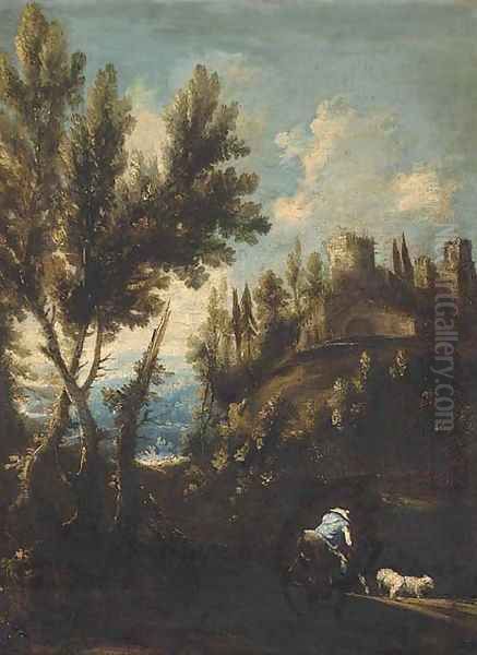 A landscape with cattle and a mounted shepherd with his flock - view 1