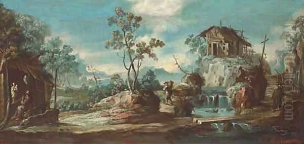 A river landscape with a hermit monk and travellers - view 1