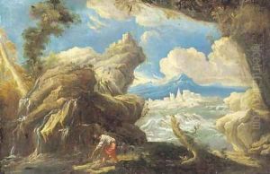 A rocky landscape with a fisherman by a waterfall, a lake and town beyond