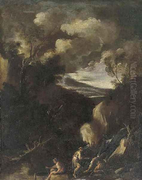 A wooded landscape with figures seated by a waterfall - view 1