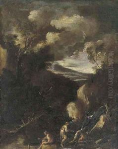 A wooded landscape with figures seated by a waterfall