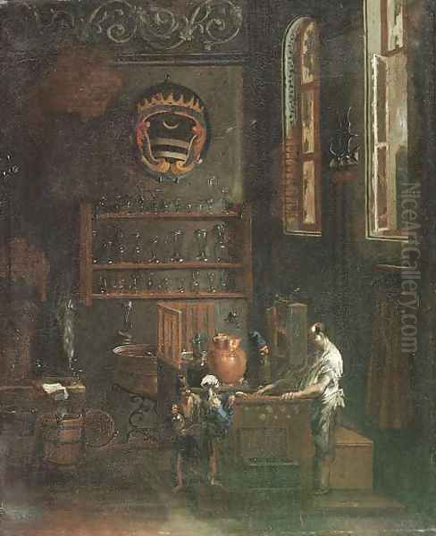 Beggar children at a pharmacist - view 1