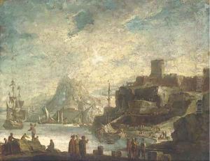 A Mediterranean costal inlet with shipping and stevedores on the shore
